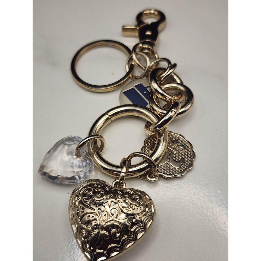 Kathy Van Zeeland Gold Tone Heart Bag Charm Keychain Crystal Fleur-de-lis